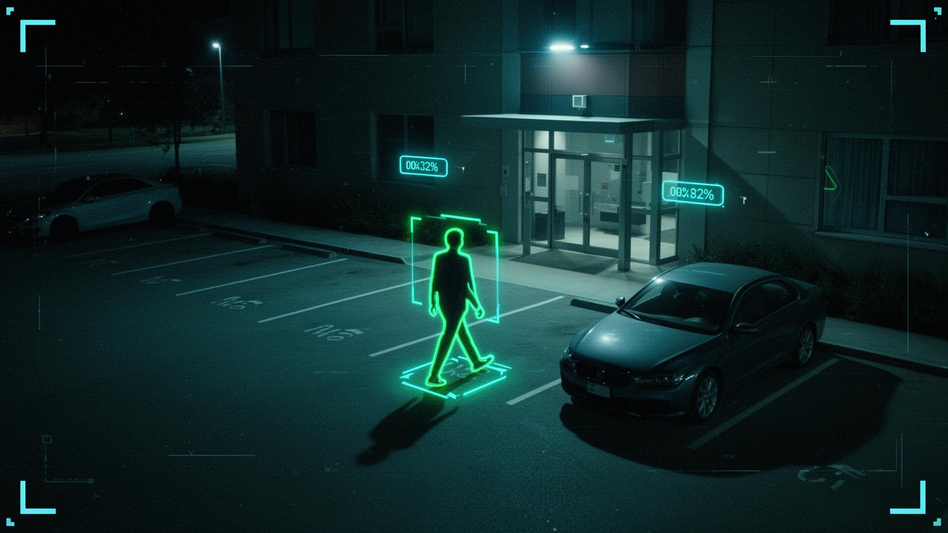 AI bounding boxes detecting person and vehicle on security camera